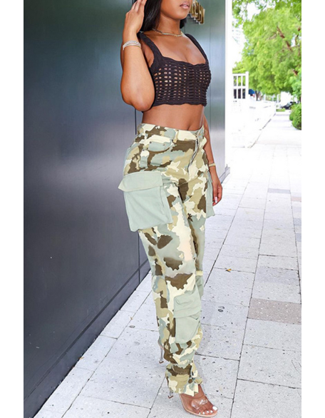 Plus Size Camouflage Print Long Sleeve Top & Pants Set