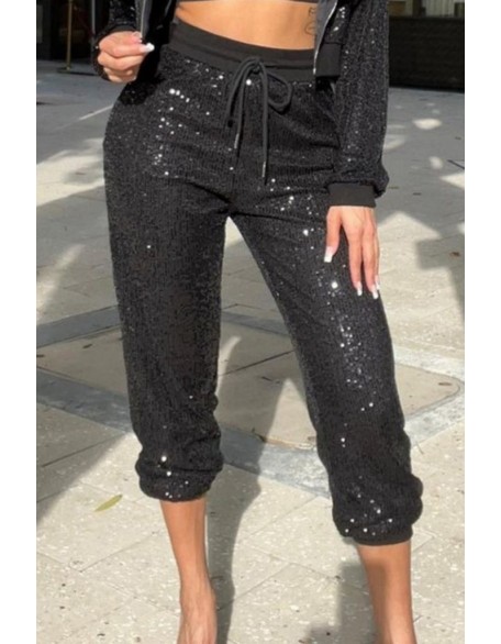 Mesh Patch Glitter Rhinestone Wide Leg Jumpsuit