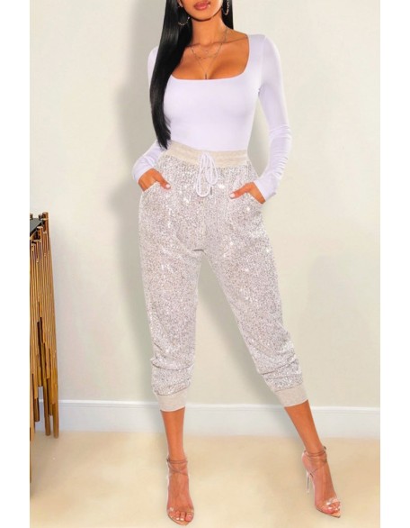 Mesh Patch Glitter Rhinestone Wide Leg Jumpsuit