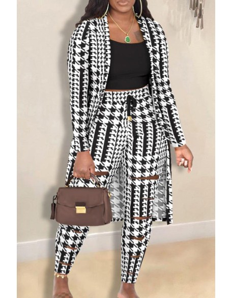 Plus Size 3PCS Cami Top & Houndstooth Print Pants Set With Coat